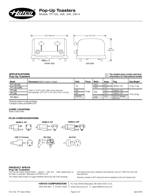 Grille-pain commercial 4 tranches 1 ½" Hatco 120 volts