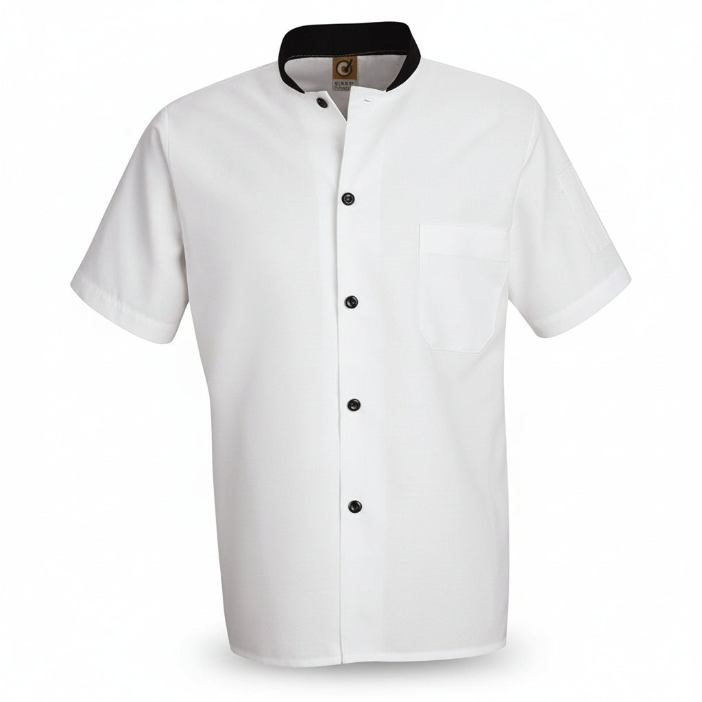 Chemise  blanche manche coute avec boutons et colet noir