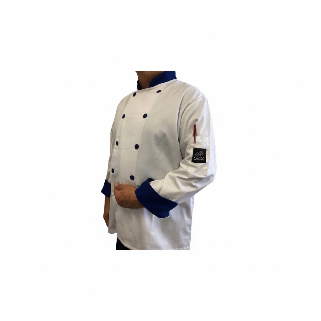 Veste de cuisinier blanche et bleue