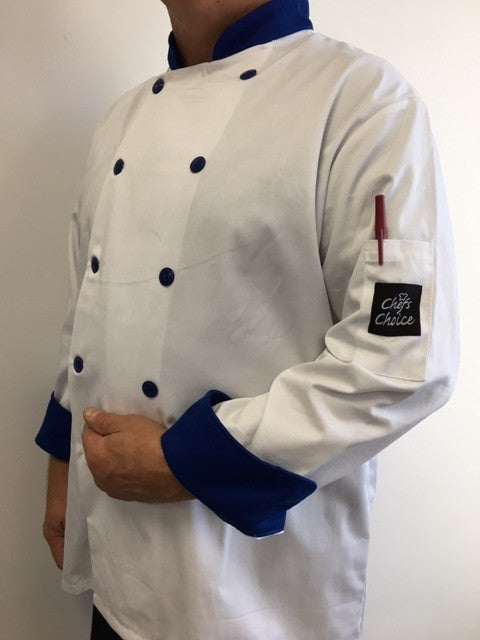 Veste de cuisinier blanche et bleue