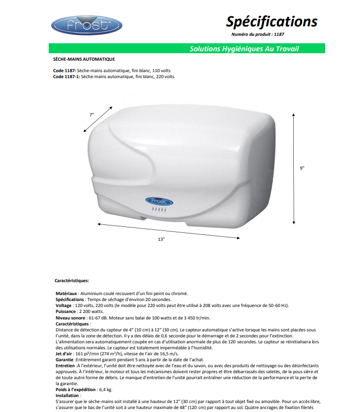 Sèche-mains automatique Frost 1187