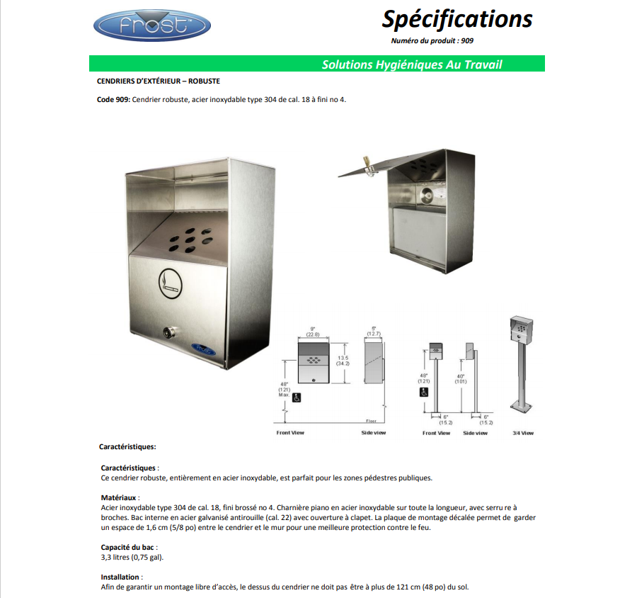 Cendrier robuste en acier inoxydable pour extérieur