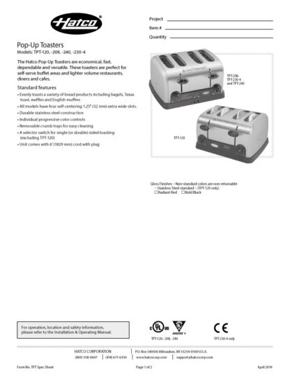 Grille-pain commercial 4 tranches 1 ½" Hatco 120 volts